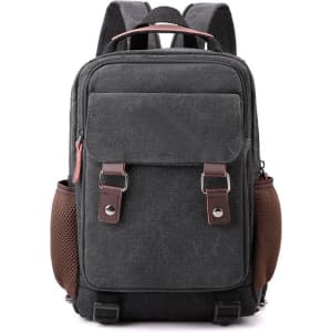 A grey canvas sling backpack with brown accents, featuring two side mesh pockets and front zippered pocket.