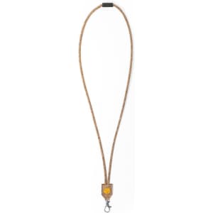 A cork lanyard in natural tones featuring a clip at one end and a logo at the other.