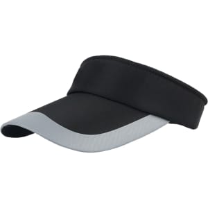 A black sun visor with a grey peak and a padded band. Features a logo on the front.