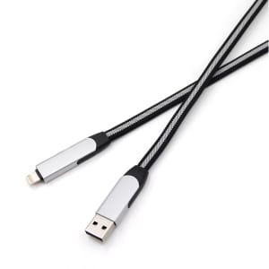 A 60W 6-in-1 long braided charging cable in black and silver, featuring multiple connectors and a sleek design.