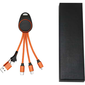 A 6-in-1 light-up charging cable in black and orange, packaged in a rectangular black box.