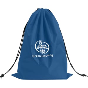 A blue laundry bag with a drawstring closure and a logo featuring a house and greenery.