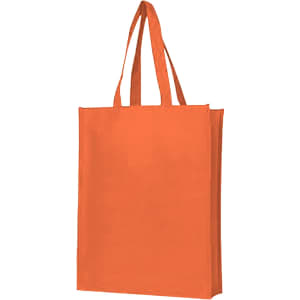 An orange non-woven bag with large gusset and two sturdy handles. It features a logo on the side.