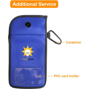 A blue lockable phone pouch with a carabiner and a PVC card holder, featuring a logo.