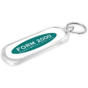 An oblong acrylic keyring with a silver metal keychain, featuring a white background and a green logo.