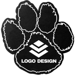 A black foam mitt shaped like a paw print, featuring a logo in the centre.