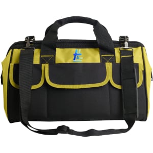 A black and yellow tool bag featuring a logo, adjustable shoulder strap, and multiple pockets for storage.