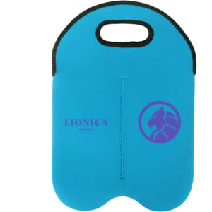 A drink bottle cooler in vibrant blue featuring a handle and a logo.