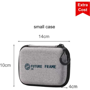 A small grey zippered case with a logo, measuring 14cm x 10cm x 4cm.