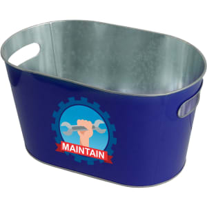 An oval ice bucket in blue with metal interior and two handles, featuring a logo on the side.