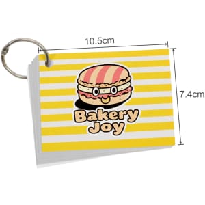 A7 index cards with a yellow striped design and a cartoon burger, featuring a ring for easy organisation.