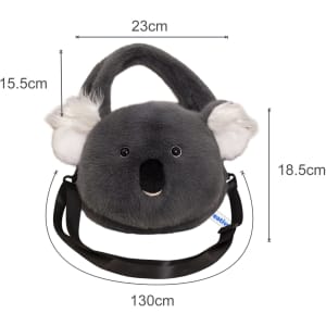 A grey plush handbag in the shape of a koala, featuring ears and a shoulder strap. Dimensions included in the image.