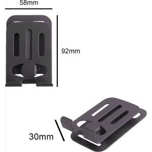A foldable metal mobile phone stand in black, featuring two angled views and dimensions marked.