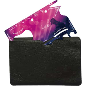 A card-sized multi-tool in purple and blue, partially inserted into a black wallet, featuring various functions.