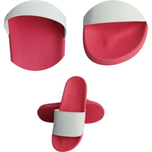 PVC slides featuring a pink sole and a white strap, displayed from multiple angles. Includes one logo.