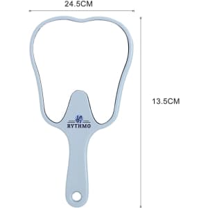 A tooth-shaped face mirror in white, featuring a branding logo and measuring 24.5 cm by 13.5 cm.