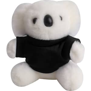 A cute white koala plush toy wearing a black shirt, featuring a friendly expression and soft texture.