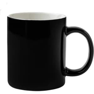 A ceramic mug with a black exterior and a white interior, featuring a handle and a logo.