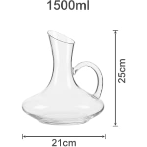 A clear glass wine decanter with a handle, measuring 21cm in width and 25cm in height, holding 1500ml.