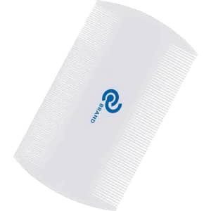 A white pet flea comb featuring fine and coarse teeth with a logo on the side.