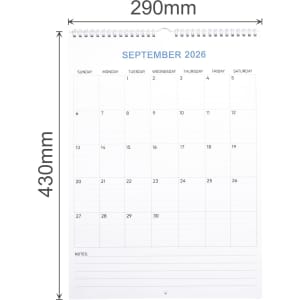A vertical wall calendar featuring a clean, white design with blank spaces for September 2026, spiral-bound at the top.
