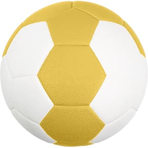 A yellow and white handball featuring a textured surface and a hexagonal pattern. It has a logo on one side.