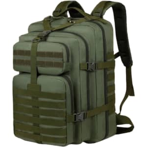A tactical backpack in olive green with multiple compartments and adjustable straps. It features a logo on the side.