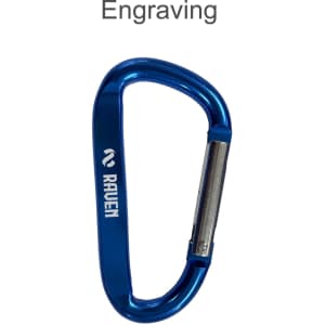 A blue 8cm carabiner with a metal latch and a logo on the side, suitable for keyrings and tools.