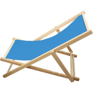 A beach chair with a light wood beech frame and a blue fabric seat. It features a simple, foldable design.
