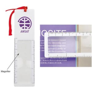 A white magnifying bookmark ruler with a red ribbon, featuring a magnifier and measurement markings.