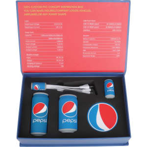 A drink bottle, phone charger, and coaster in a blue gift box, featuring Pepsi branding.