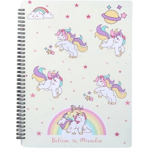 A spiral-bound folder featuring colourful unicorns, stars, and rainbows on a light background with a playful design.