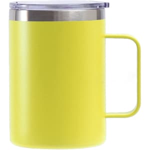 A stainless steel cup with a handle in bright yellow, featuring a clear lid.
