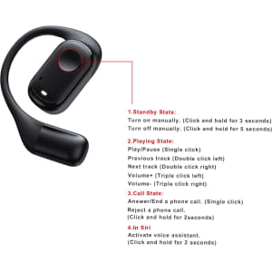 A pair of black open-ear headphones with a control button and flexible design, featuring a logo.