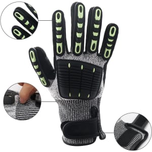 Heavy duty safety work gloves in black and grey with wrist lock and palm guard features, and reflective details.