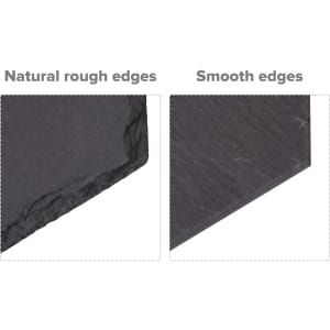 A pair of slate coasters featuring one with natural rough edges and the other with smooth edges. Both are dark grey.