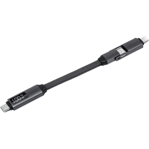 A 100W 3-in-1 aluminium charging cable in black with a digital display, featuring multiple connector types.