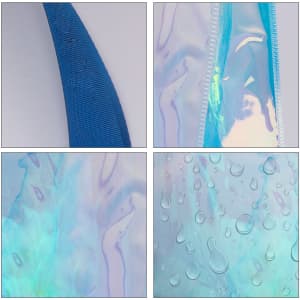 A colourful transparent PVC tote bag features a blue strap and a shiny, iridescent surface with water droplets.