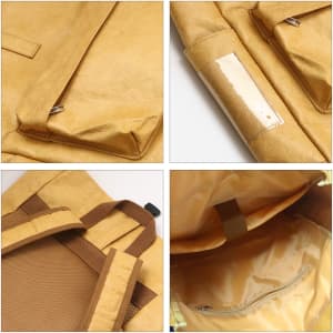A yellow Tyvek roll-top backpack featuring a zip pocket, inner compartment, and a brown trim. The backpack has a logo.