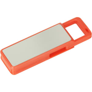 An orange click action flash drive with a silver panel for branding or personalisation.