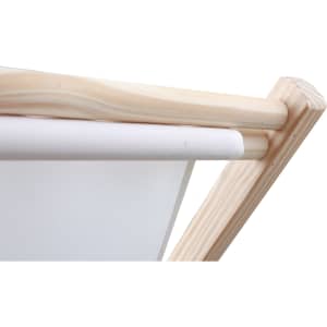 A wooden beach chair with a natural finish and white fabric seating. It features a simple, elegant design.