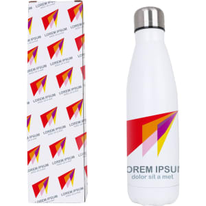 A drink bottle in white stainless steel with a silver lid, packaged in a branded box featuring a colourful design.