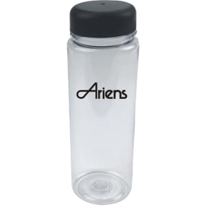 A drink bottle with a clear body and a black lid, featuring a logo. Suitable for infusing beverages.