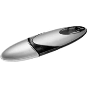 A silver and black flash drive with a sleek, oval design and a logo on the body.