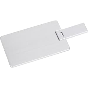 A small silver alloy card-shaped flash drive with a sliding connector and a sleek, minimalist design.