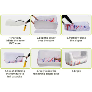 An inflatable two-seat sofa in white with vibrant splashes of colour and a zipper for enclosing the inner structure.