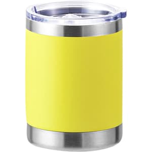 A drink bottle featuring a bright yellow exterior with a stainless steel base and a transparent lid.