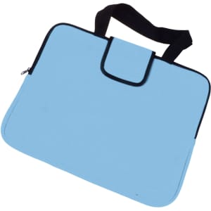 A blue deluxe laptop bag with a black handle, featuring a simple design and zip closure. It has a branding logo.