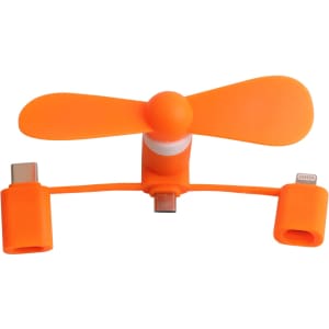An orange 3 in 1 smart phone fan with connectors for multiple device types. It has a compact, lightweight design.