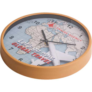 A round wall clock featuring a wood grain finish and a global travel theme with muted colours and an aircraft design.
